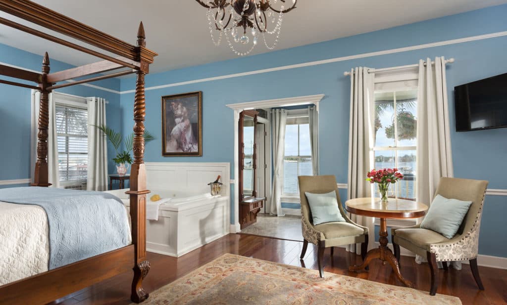 Blue bedroom with water view