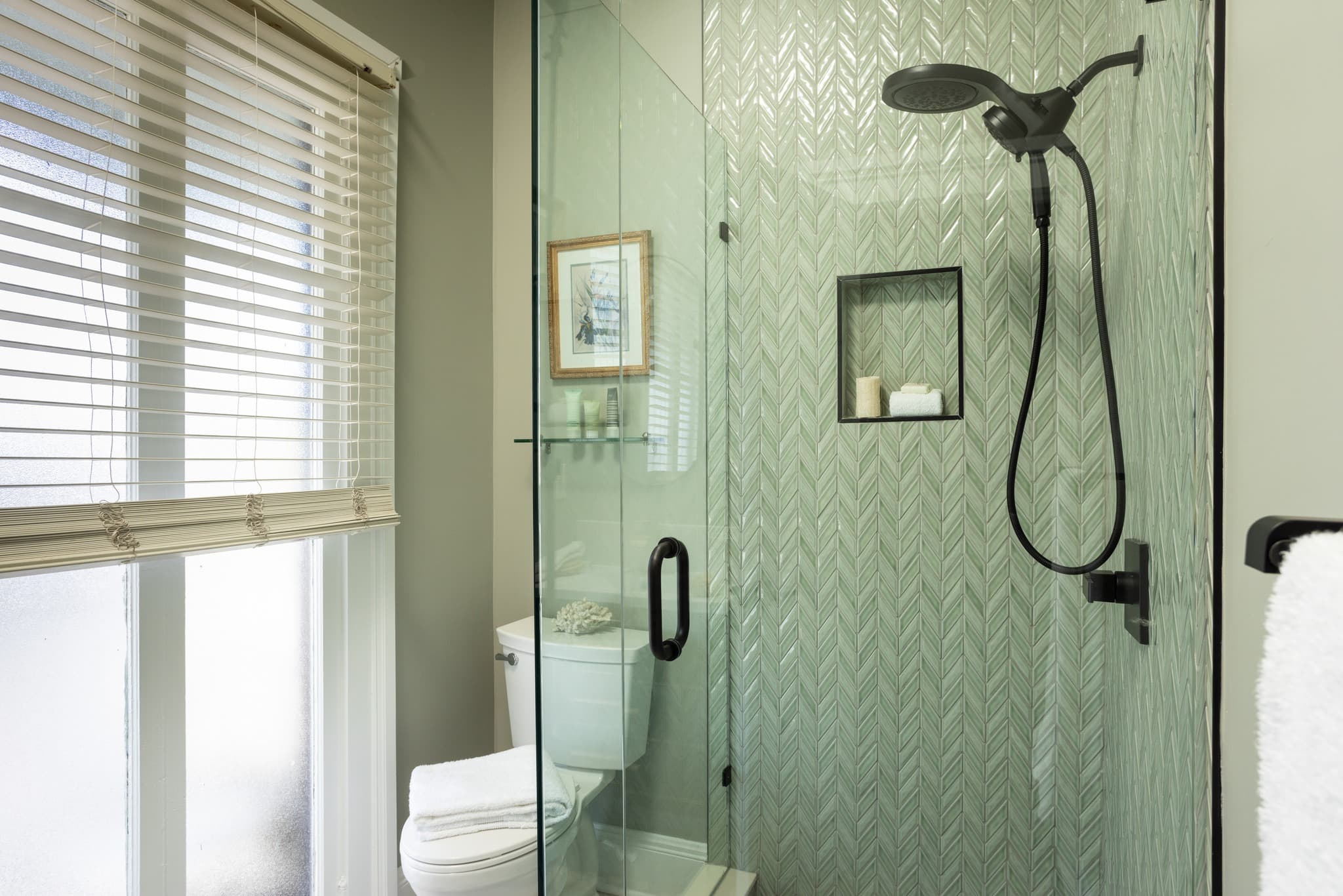green tiled shower