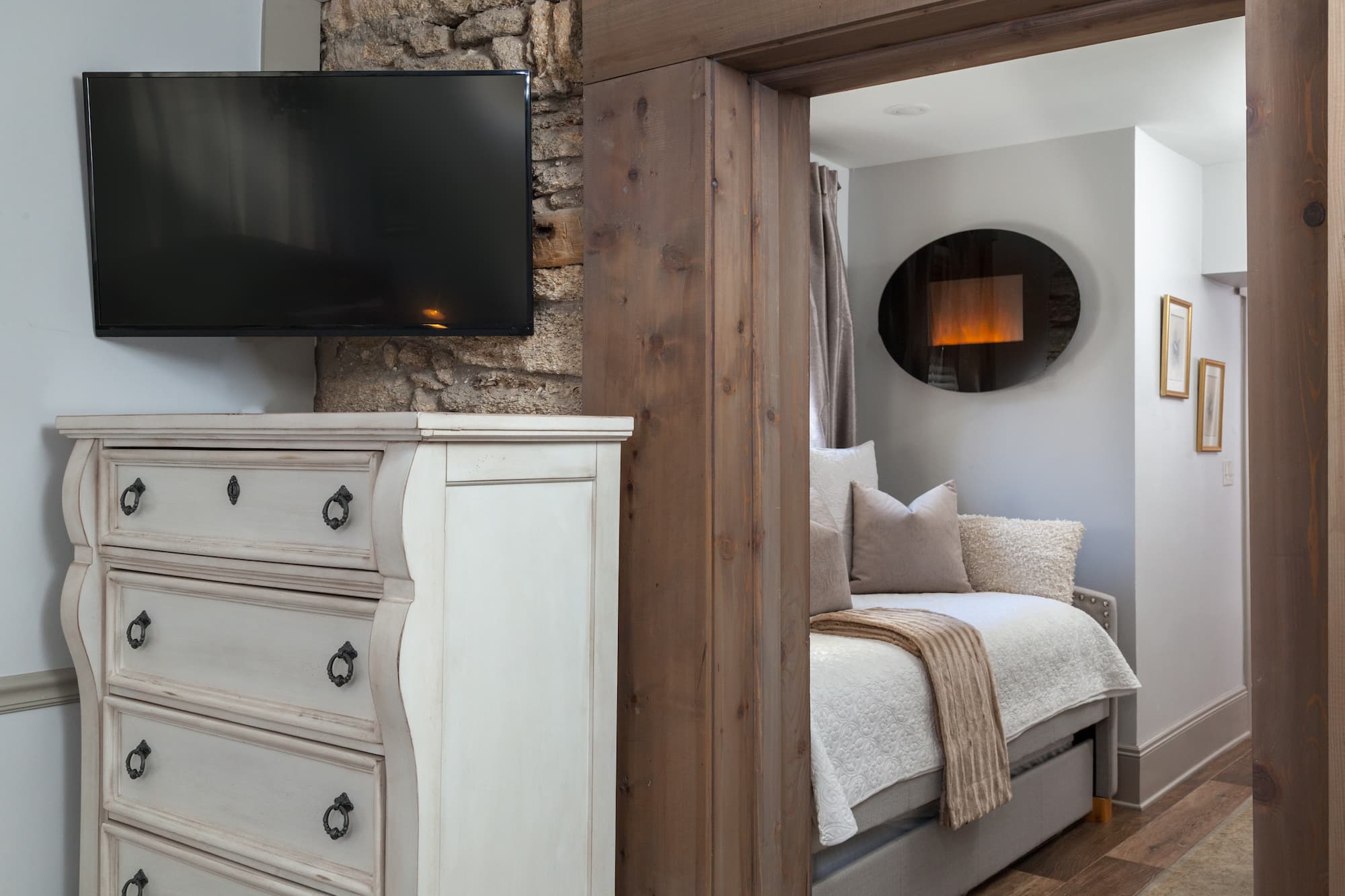 stone wall with wall fireplace