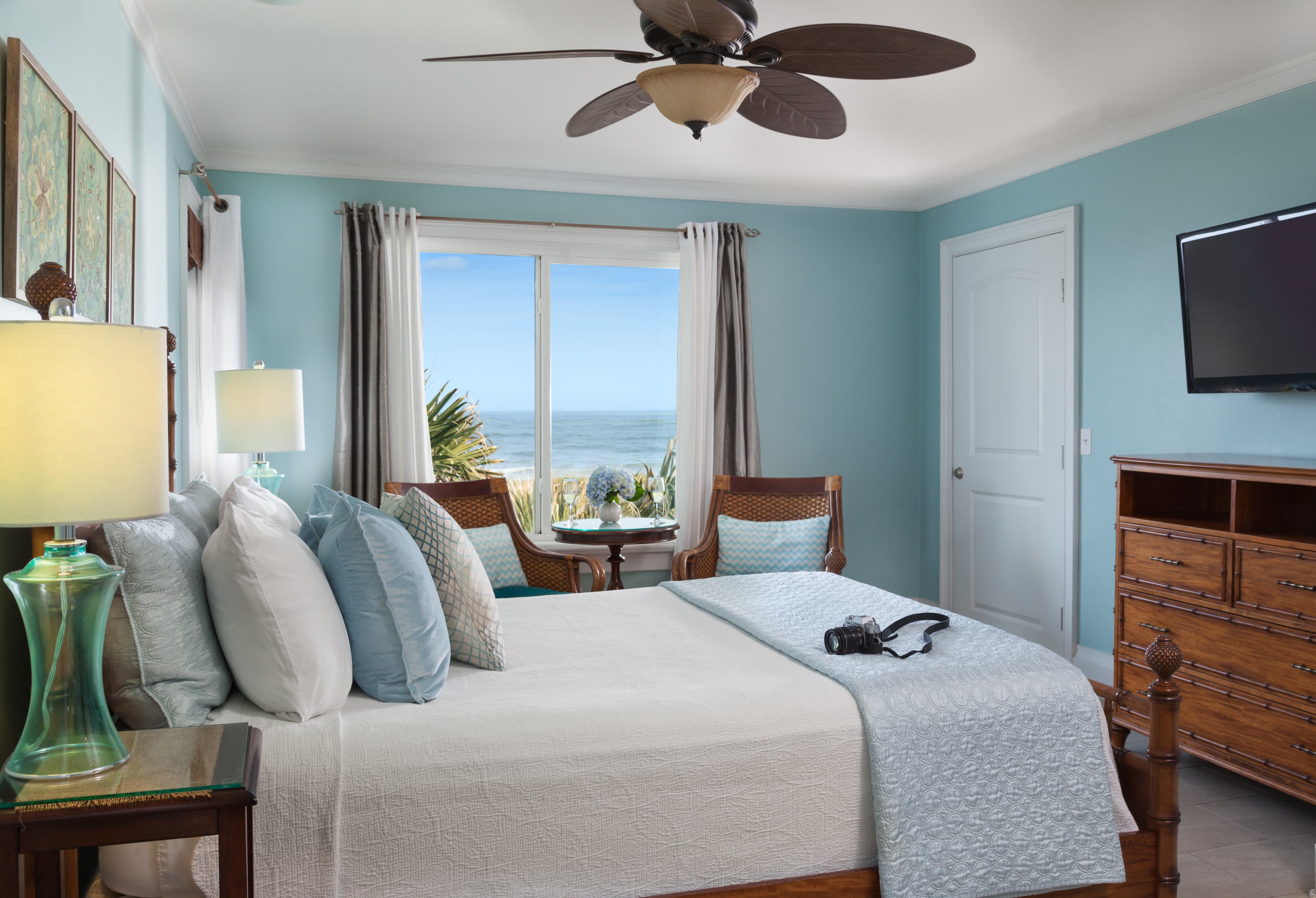 Blue bedroom with water view