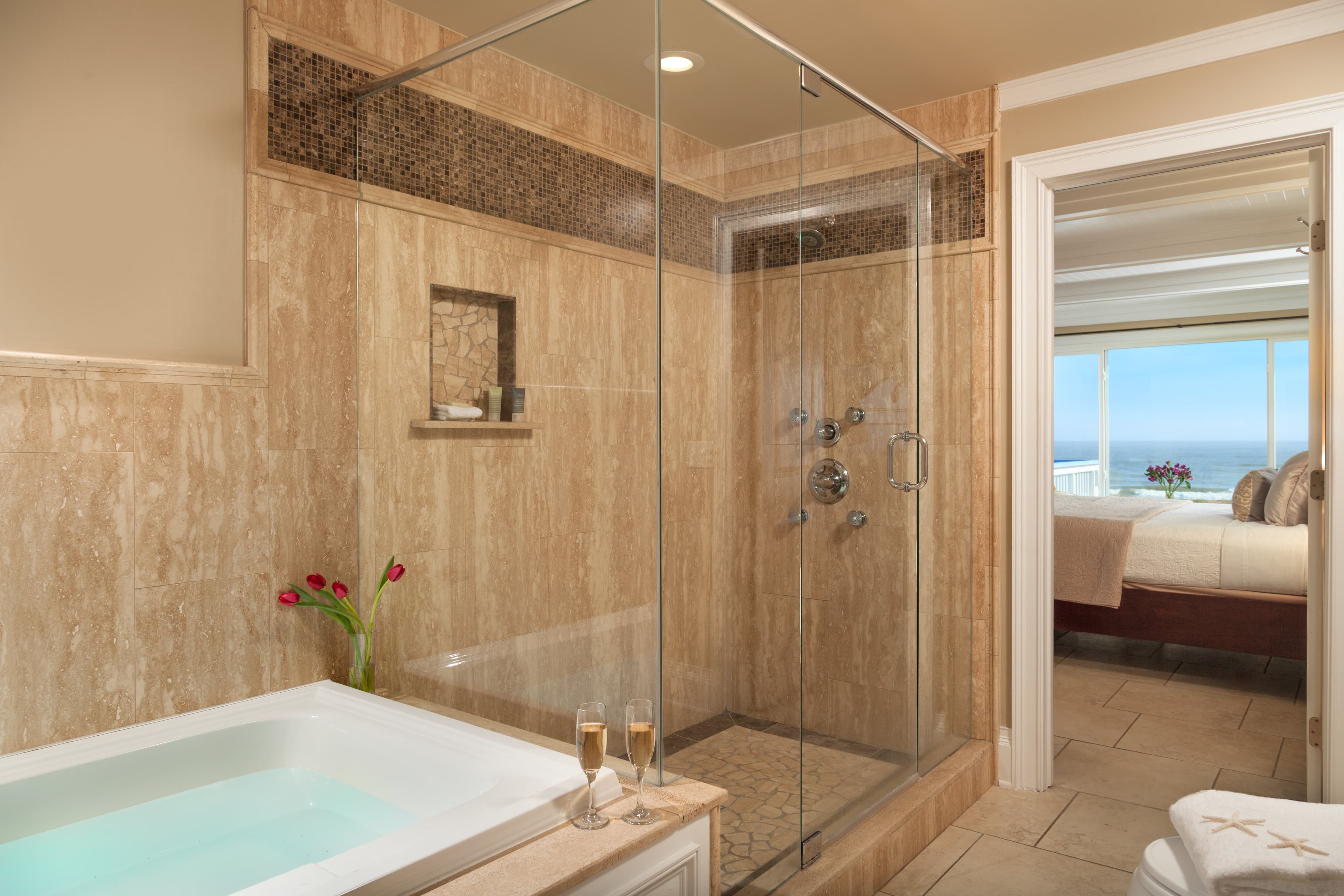 tiled shower with separate tub