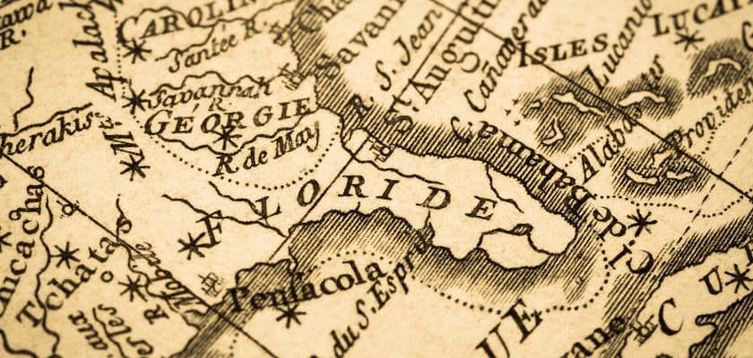 Detail of an antique map featuring Florida and its coastal regions.