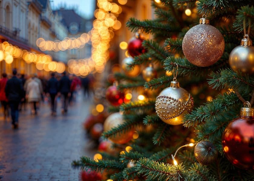 christmas tree decorated with red and gold ornaments and lights on festive street with people walking in background christmas tree decorated with red and gold ornaments and lights on festive street with people walking in background