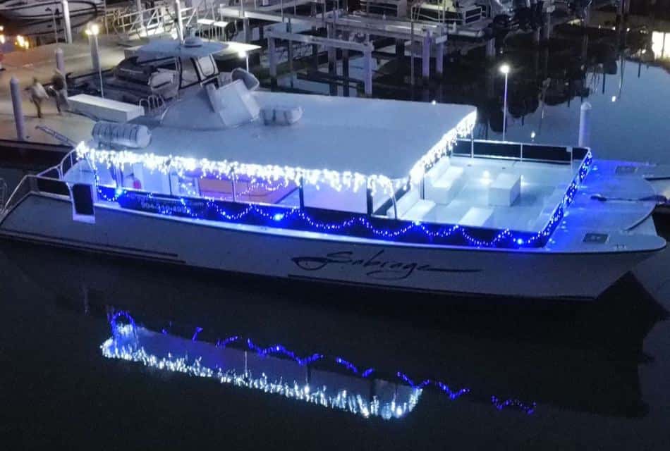 Large catamaran with white and blue lights at dusk at the dock