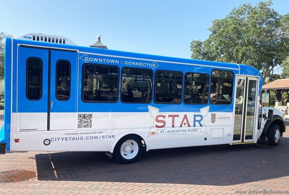 Blue and white shuttle bus